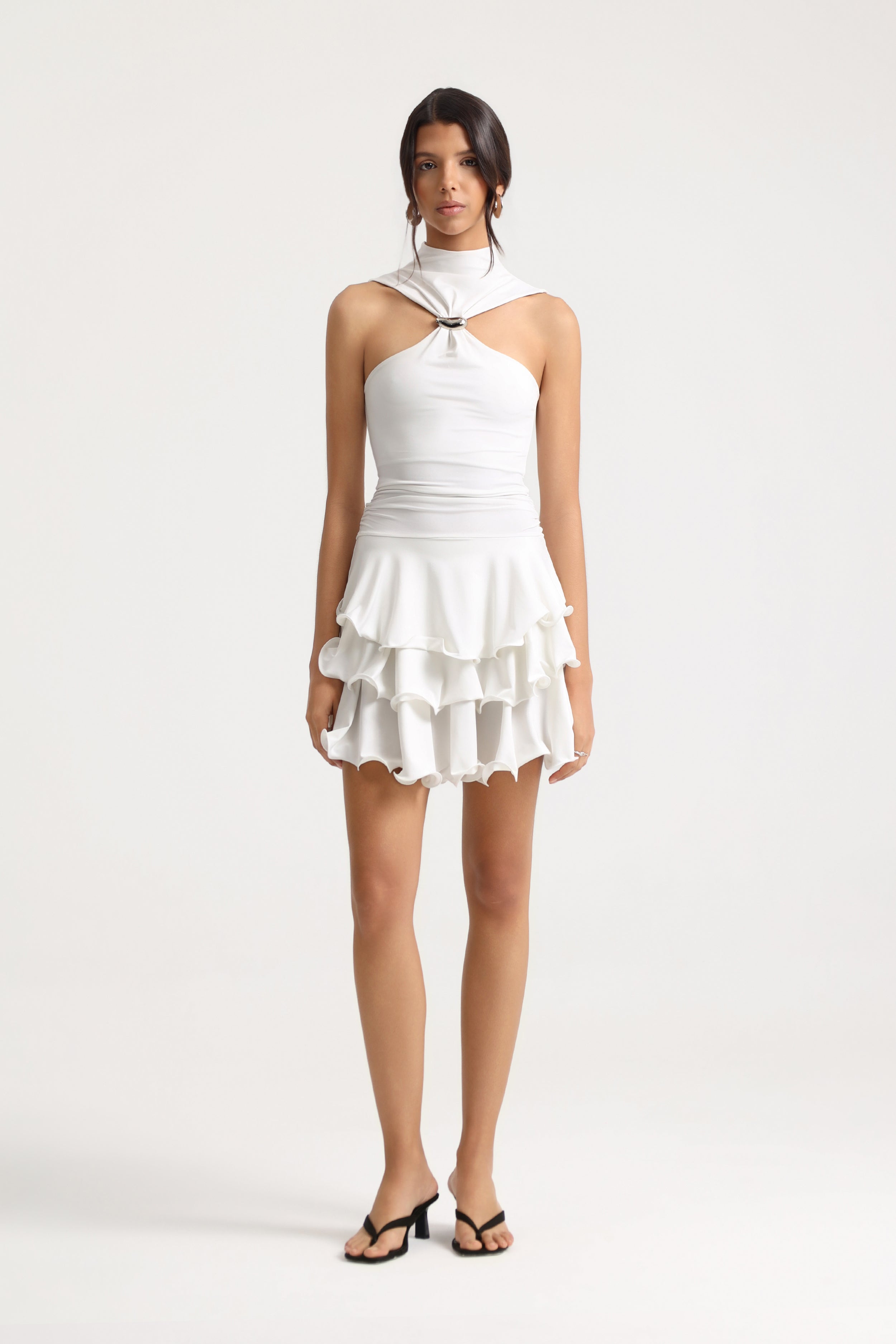 Amoura Halter Neck Mini White Dress Mozto Amoura Halter Neck Mini White Dress Mozto