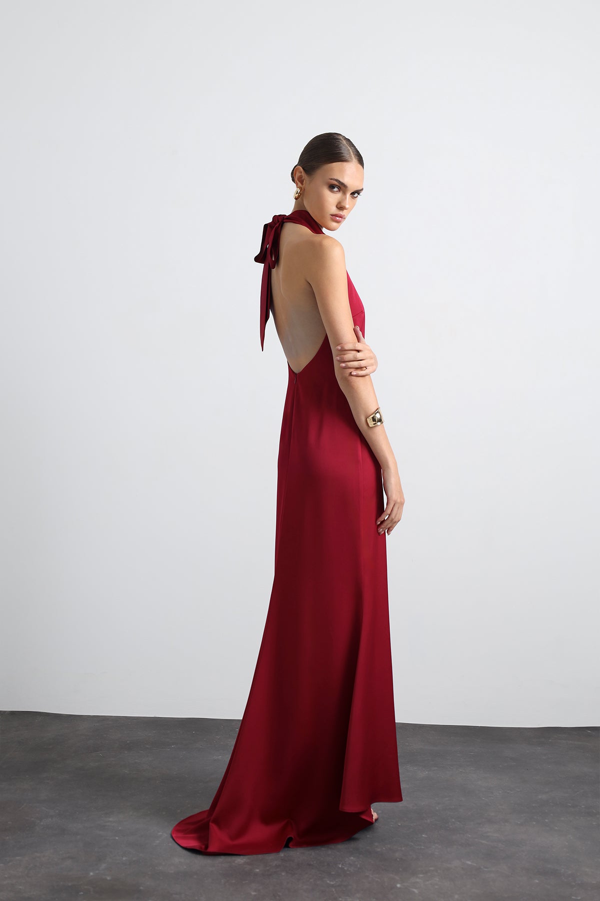 Halley Halter Neck Burgundy Maxi Satin Dress