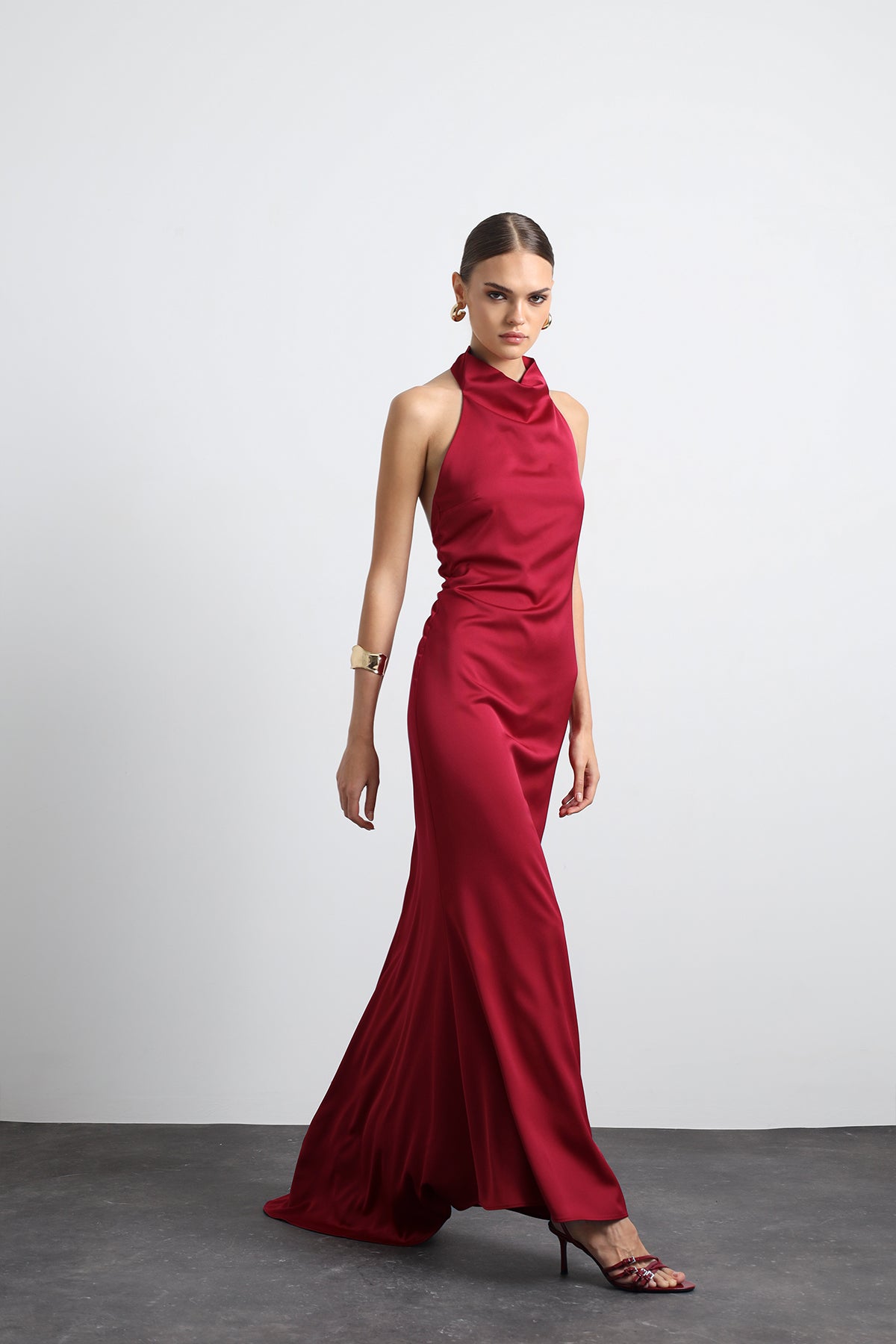 red halter neck dress Burgundy Satin Maxi Halley | Open Back Dress with Train Wedding Gown Formal Dress narrow results in the item Color:Sand Verbana