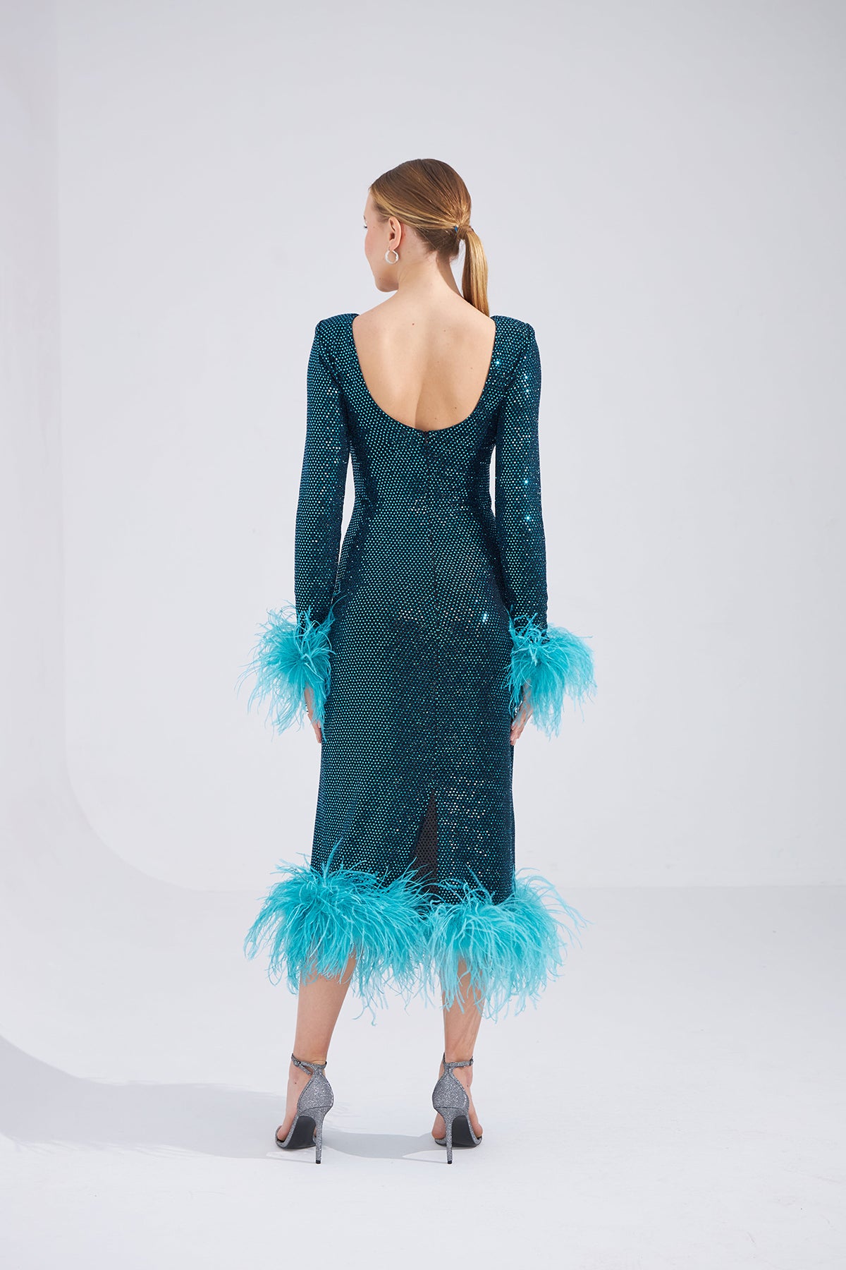 Patrice Blue Feathered Midi Dress