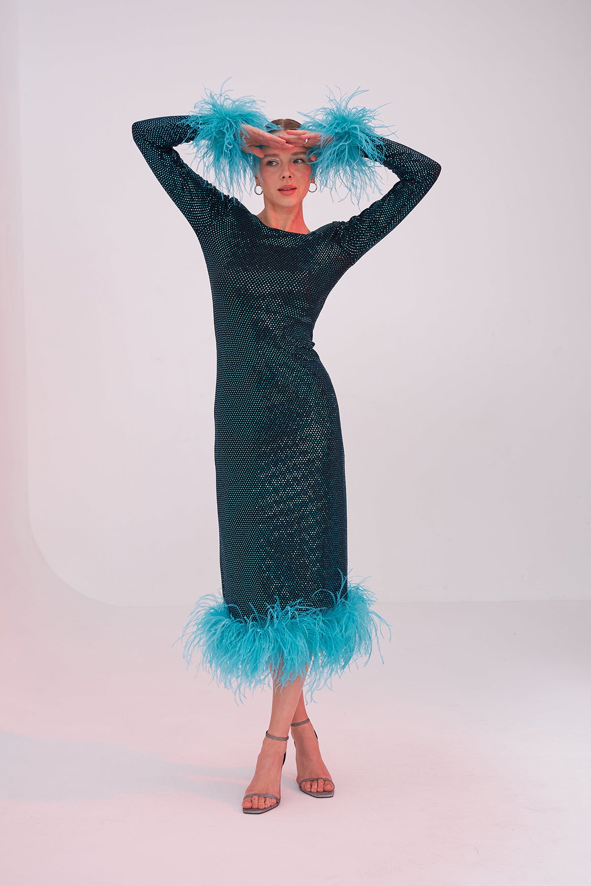 Patrice Blue Feathered Midi Dress