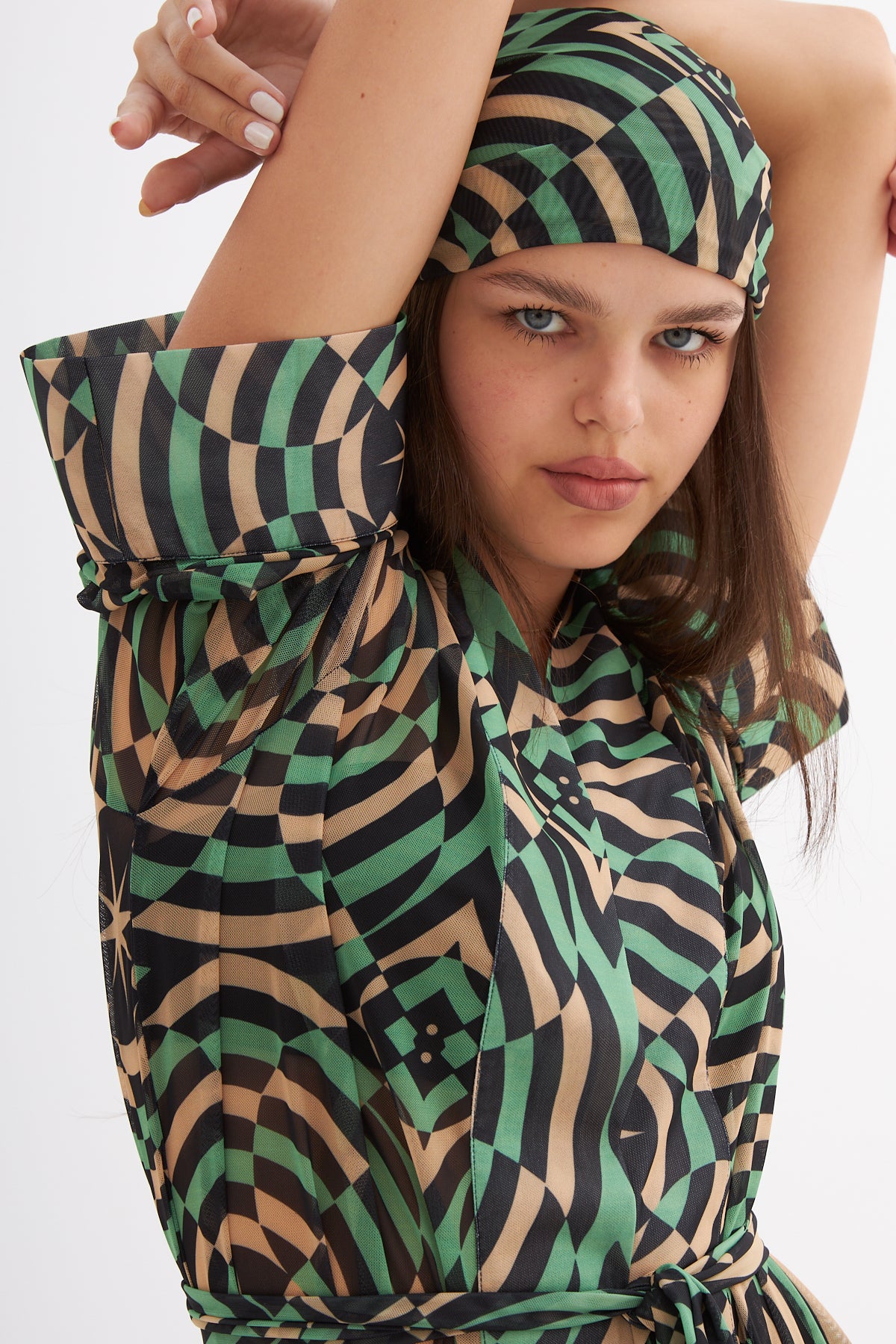 Madelyn Geometric Printed Green Mesh Kimono