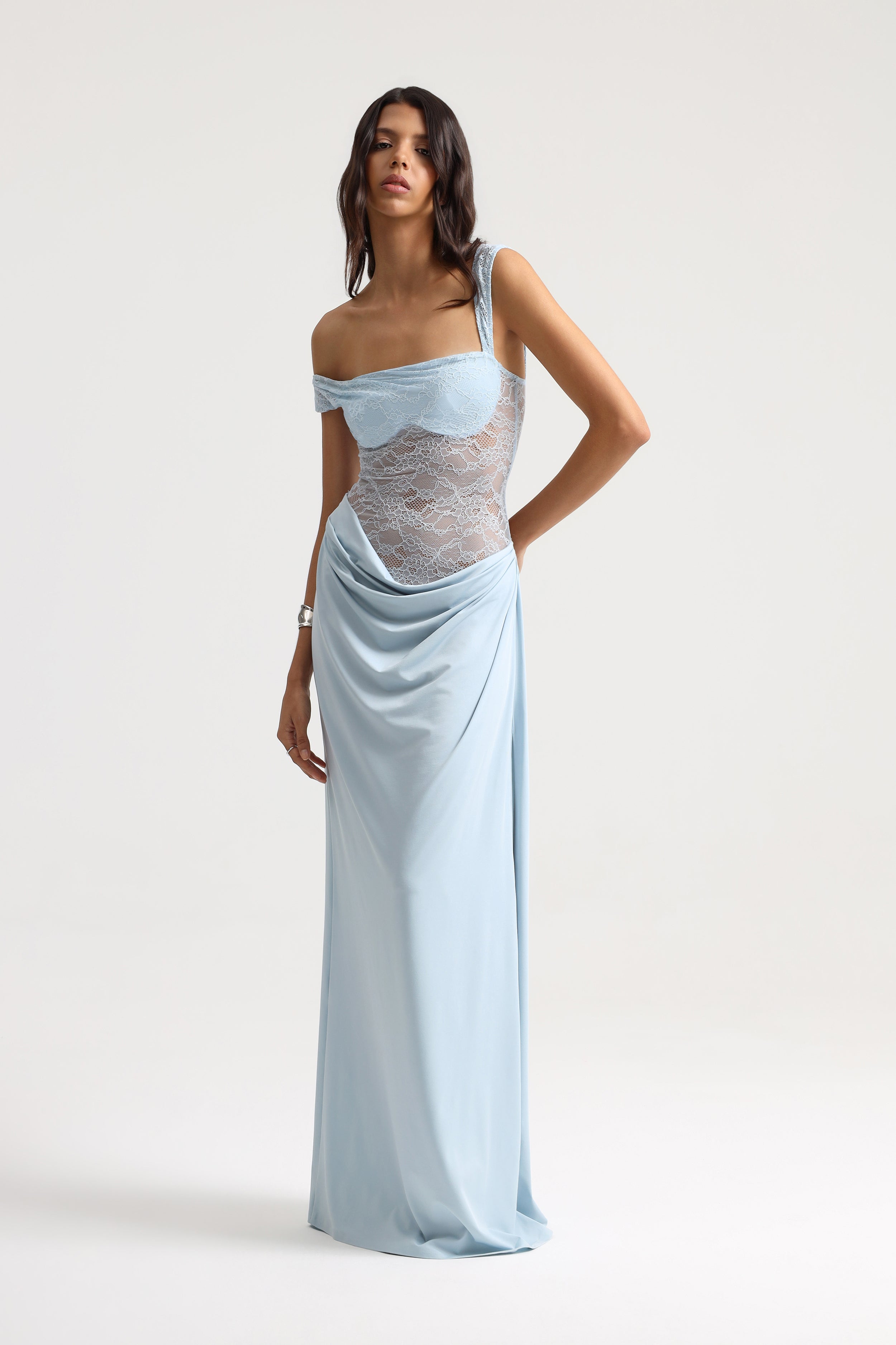 Sevy Sheer Lace Dress in Baby Blue – Mozto