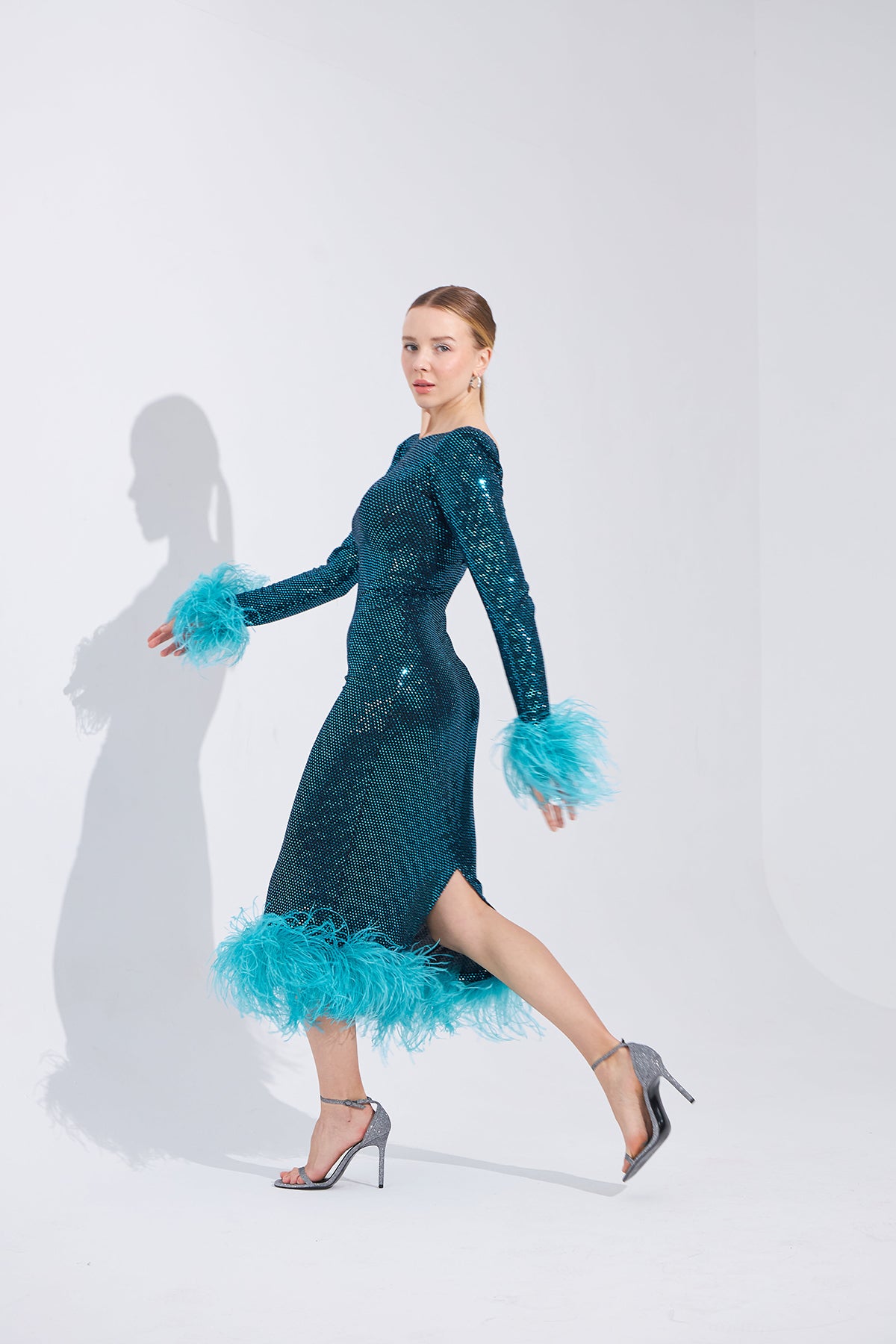 Patrice Blue Feathered Midi Dress