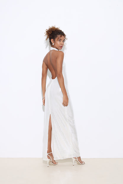 Ailsa Halter Neck Sequined White Dress