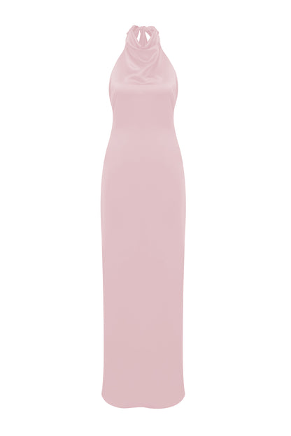 Halley Halter Yaka Uzun Saten Elbise