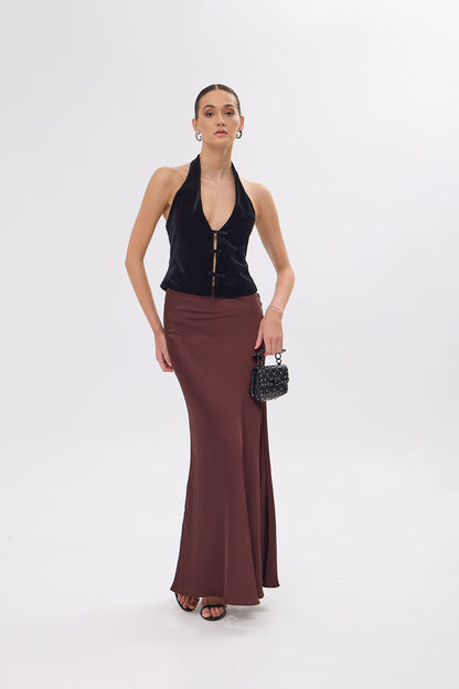 Larissa Maxi Satin Brown Skirt