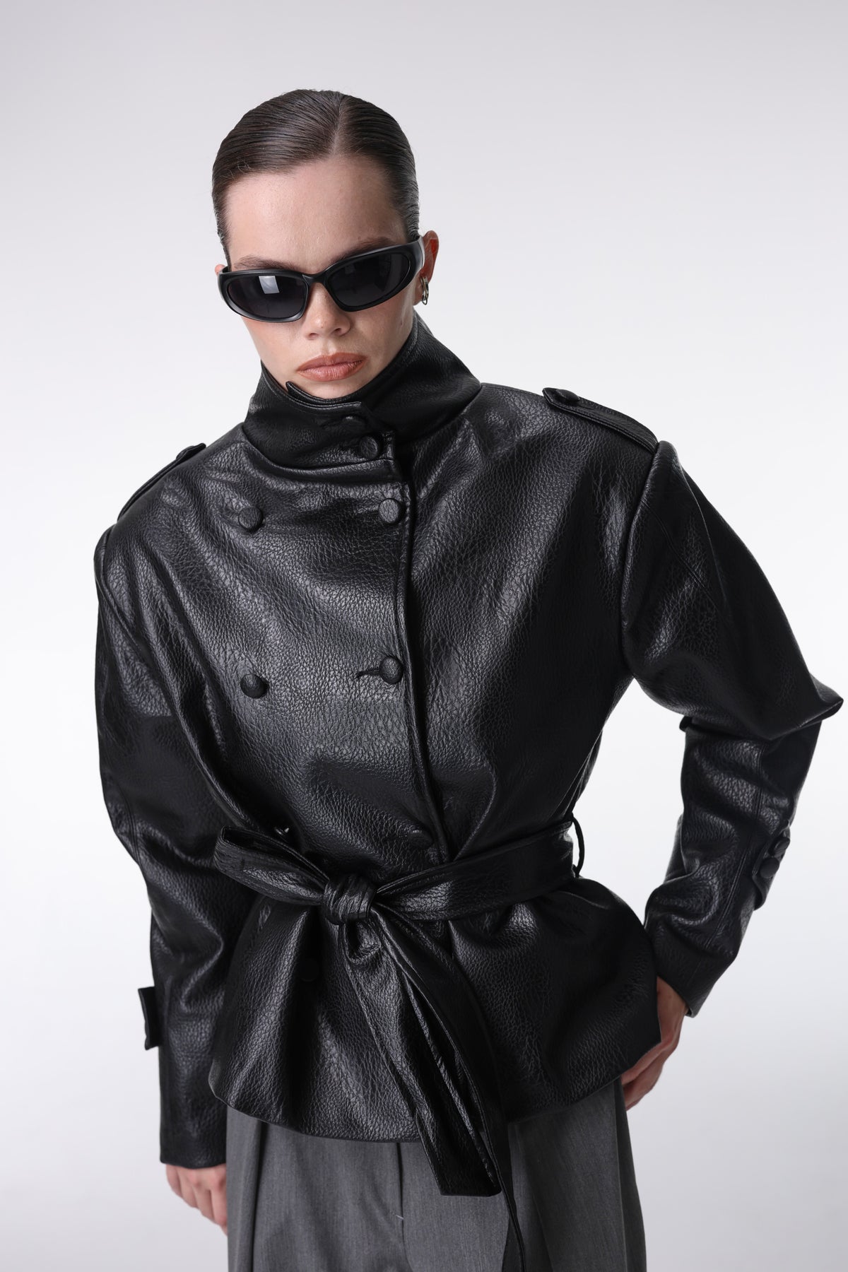Adeline High Neck Double-Breasted Belted Black Jacket