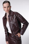 Cleo Croc-Embossed Burgundy Faux Leather Jacket