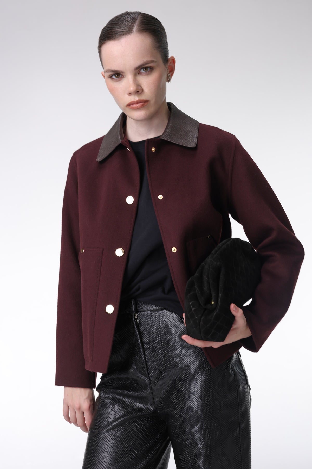 Calven 100% Wool Leather Double Face Collar Burgundy Jacket