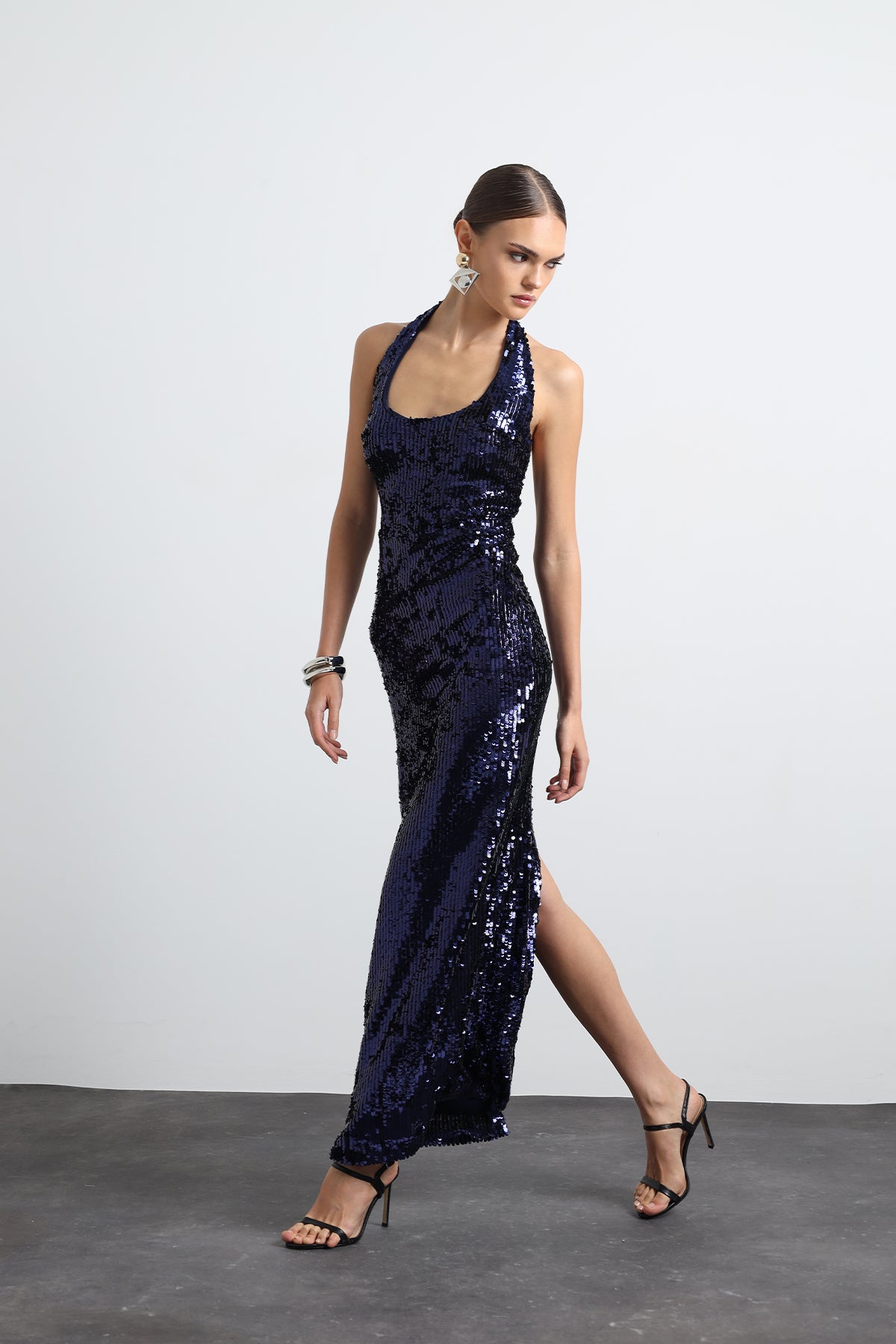 Valline Navy Blue Sequined Maxi Dress