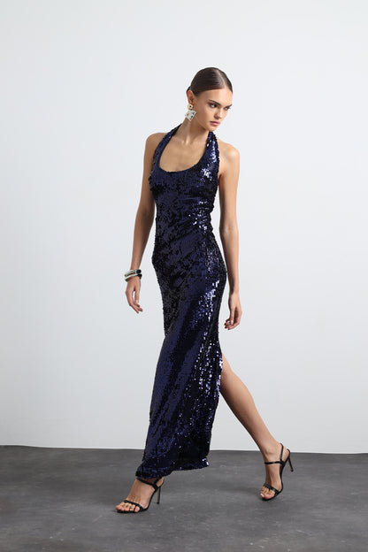 Valline Navy Blue Sequined Maxi Dress