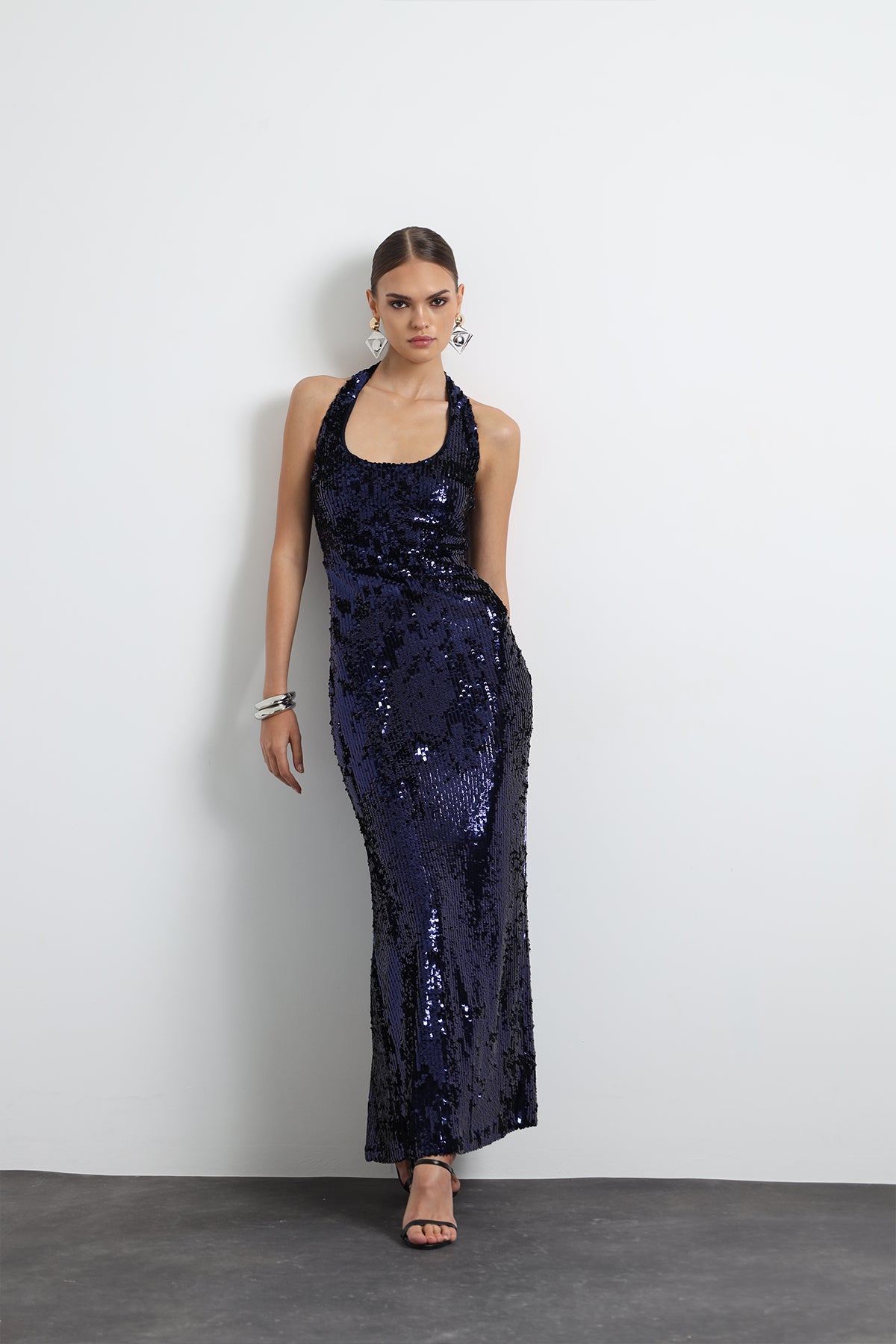 Valline Navy Blue Sequined Maxi Dress