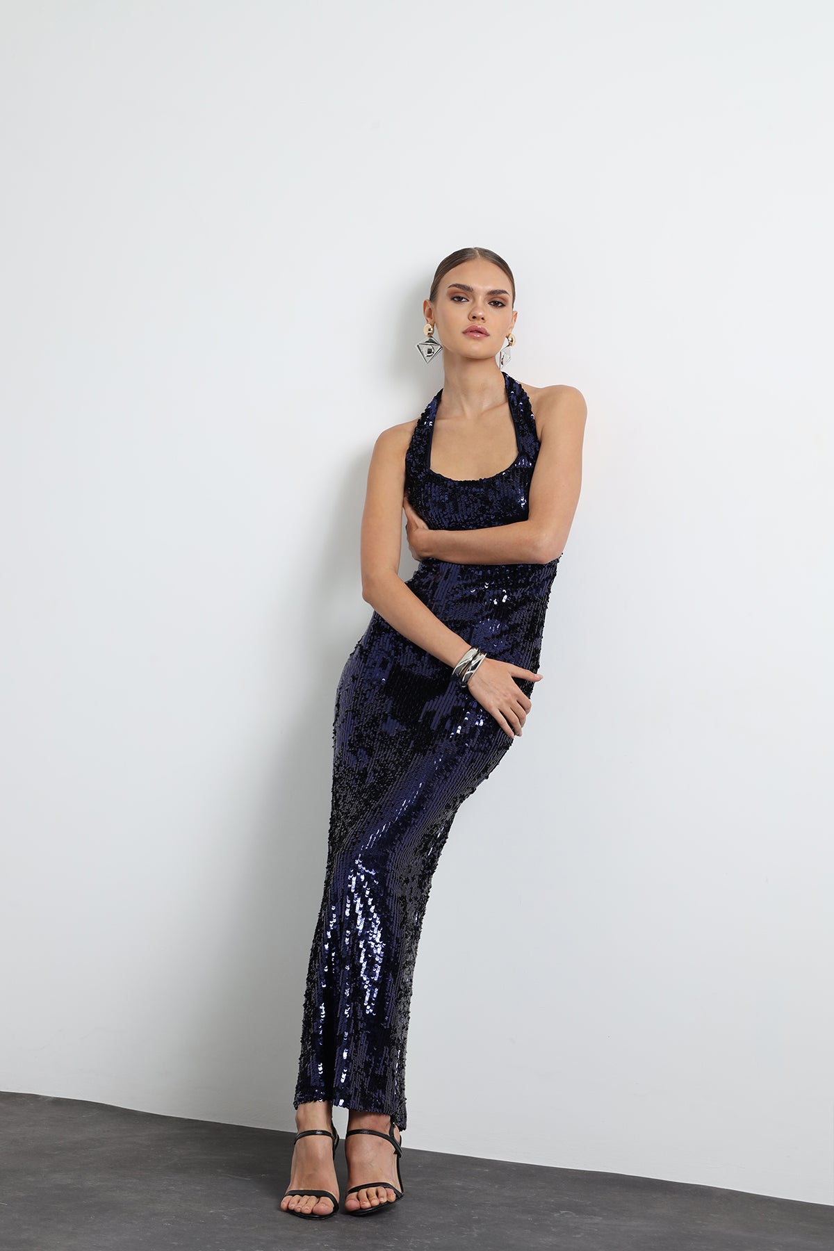 Valline Navy Blue Sequined Maxi Dress
