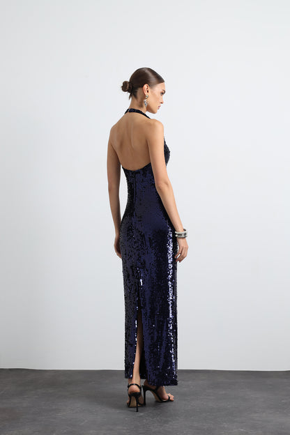 Valline Navy Blue Sequined Maxi Dress