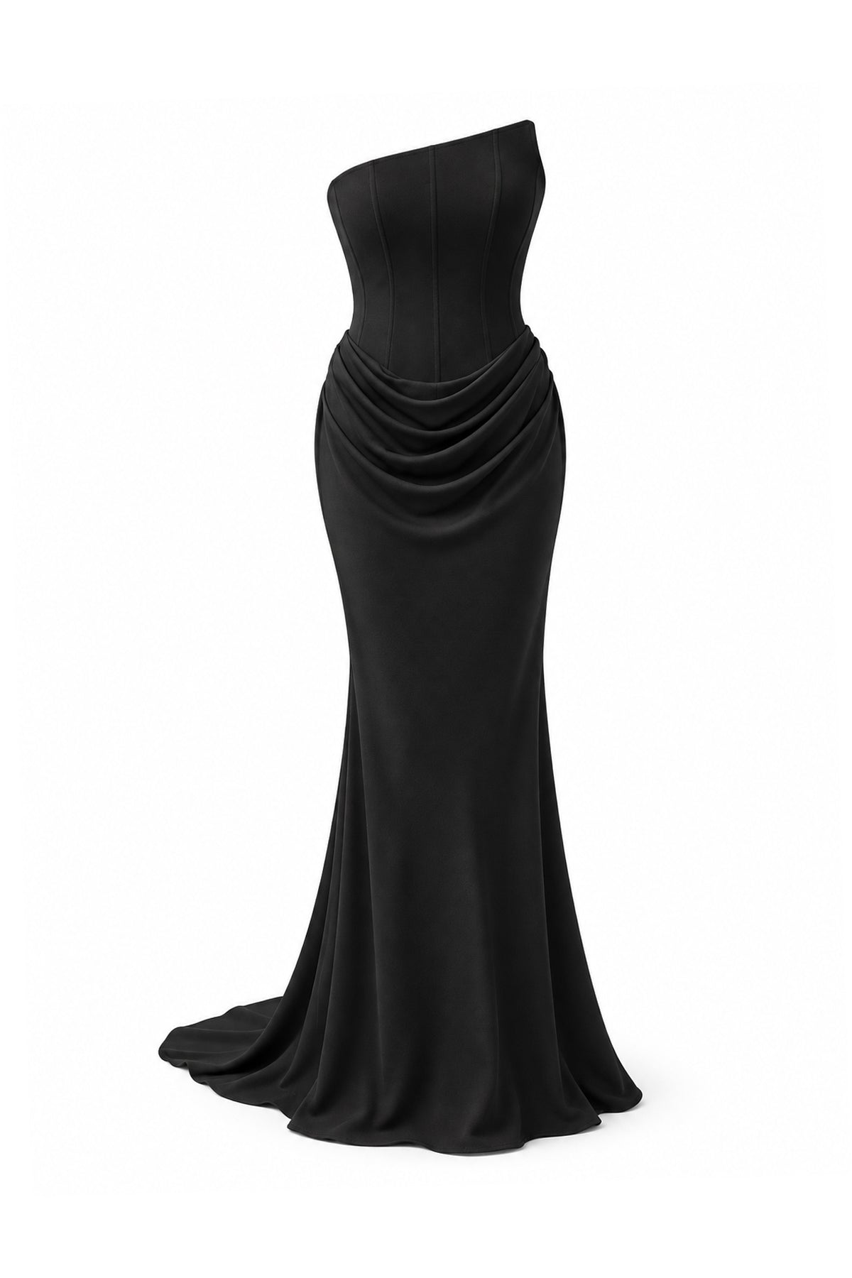 Alessia Black Asymmetric Corset Detail Draped Maxi Dress