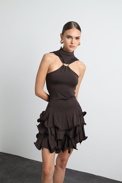 Amoura Halter Yaka Mini Kahverengi Elbise