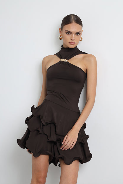 Amoura Halter Yaka Mini Kahverengi Elbise