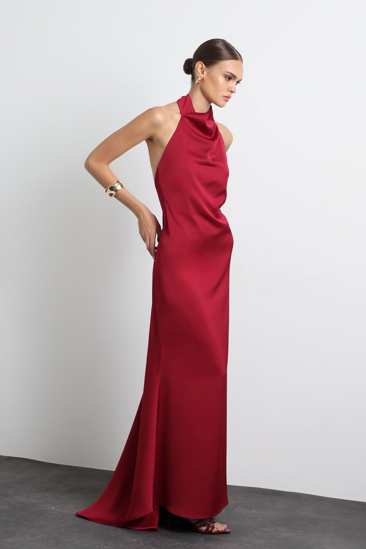 Halley Halter Neck Burgundy Maxi Satin Dress