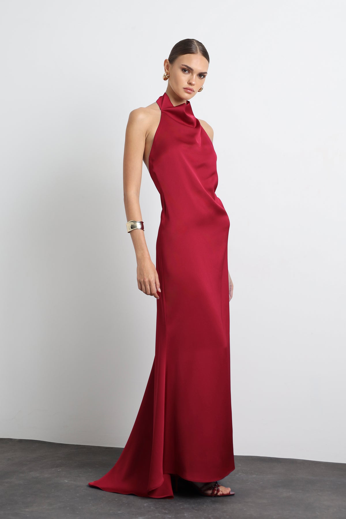 Halley Halter Neck Burgundy Maxi Satin Dress