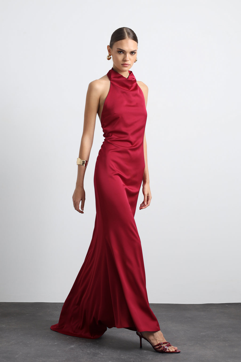 Halley Halter Neck Burgundy Maxi Satin Dress