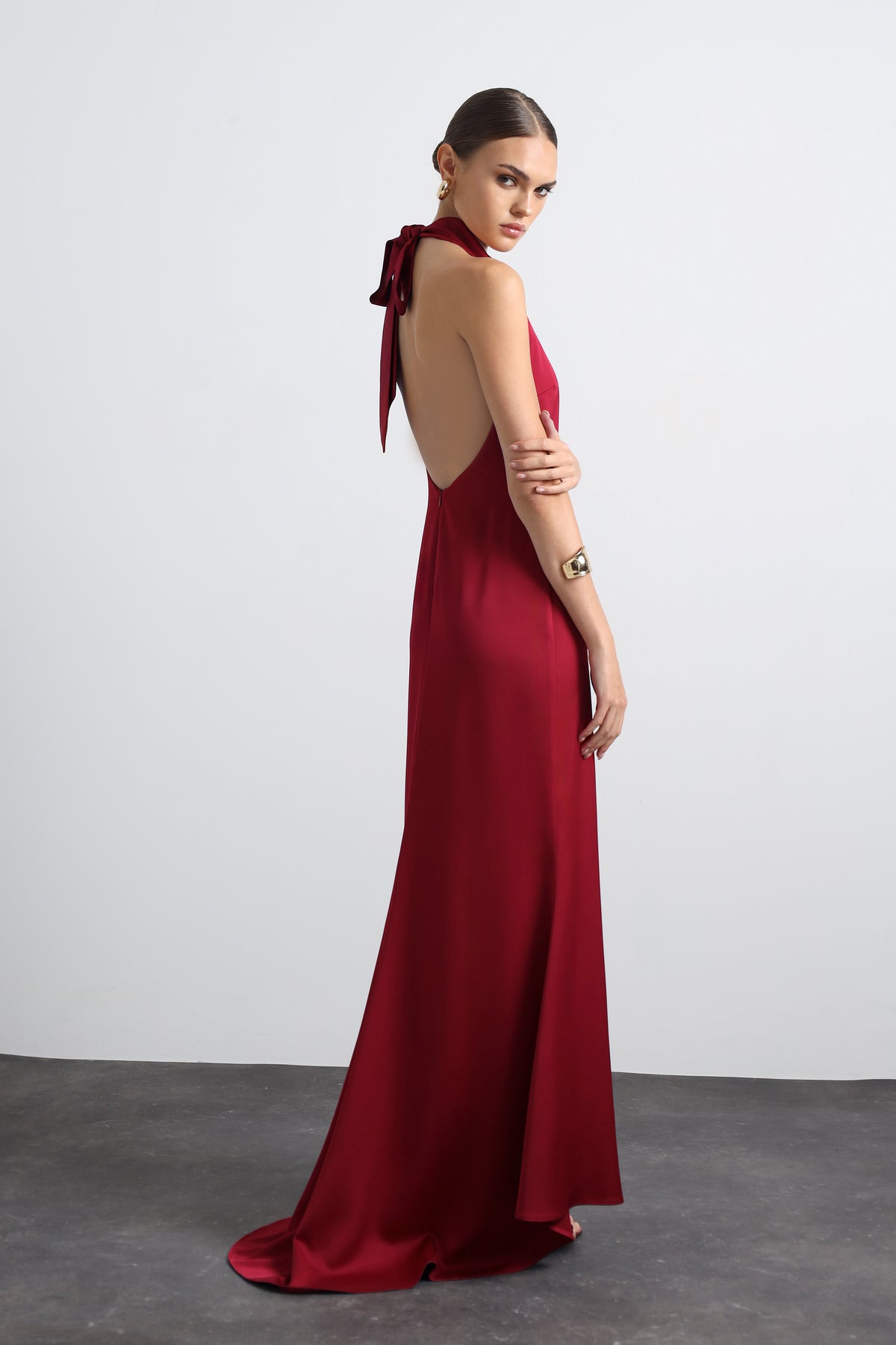 Halley Halter Neck Burgundy Maxi Satin Dress