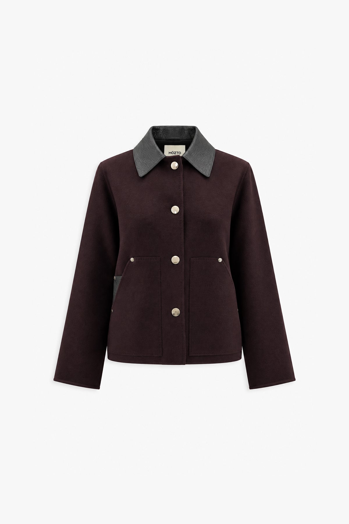 Calven 100% Wool Leather Double Face Collar Burgundy Jacket