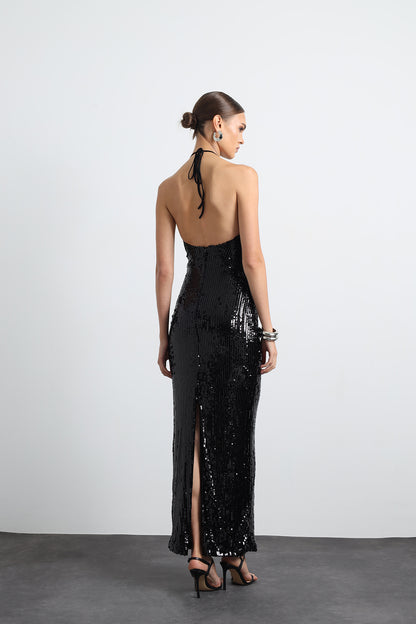 Fayelle Payetli Siyah Maxi Elbise