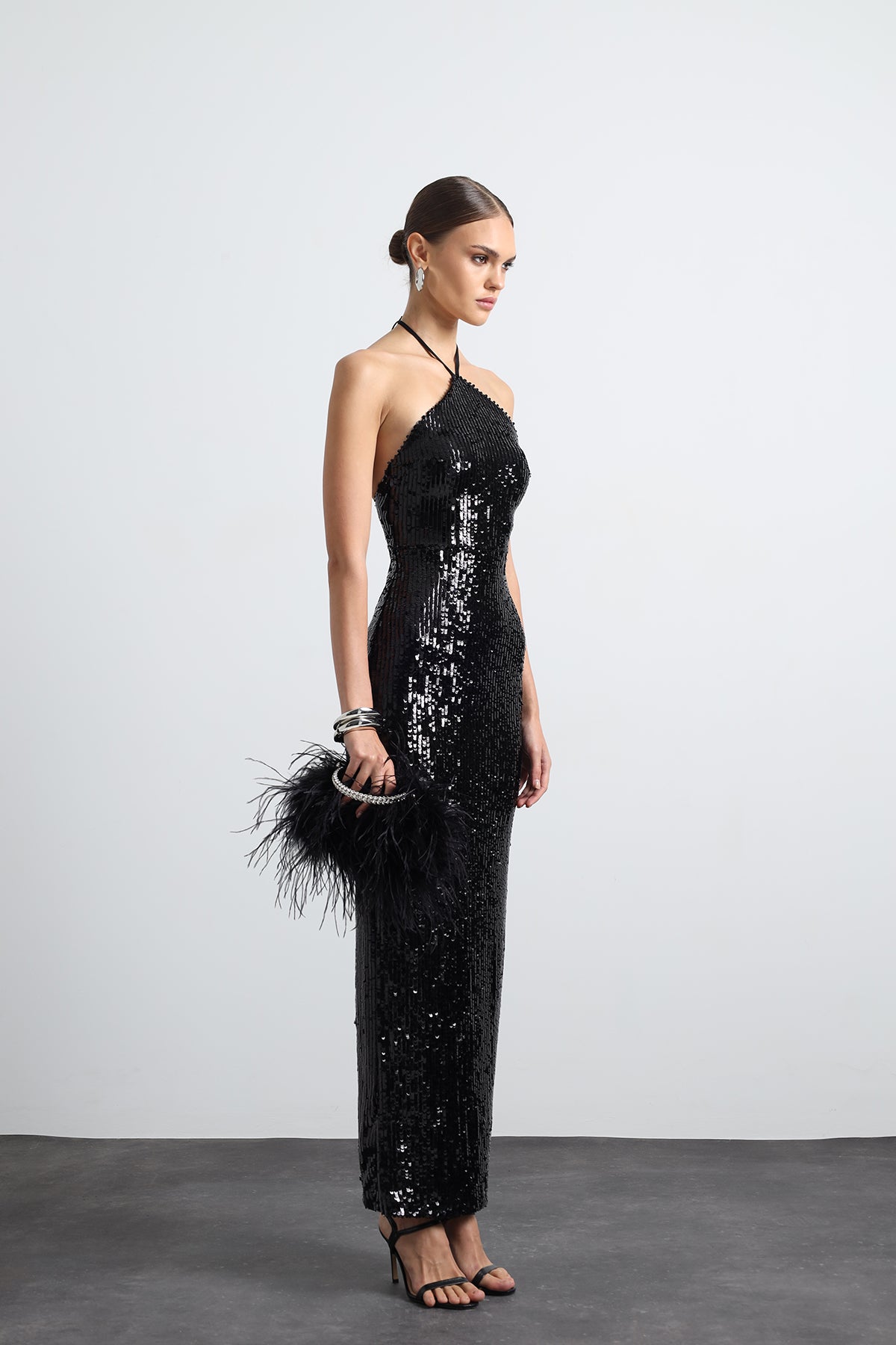 Fayelle Payetli Siyah Maxi Elbise