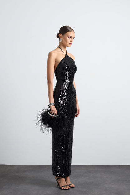 Fayelle Payetli Siyah Maxi Elbise