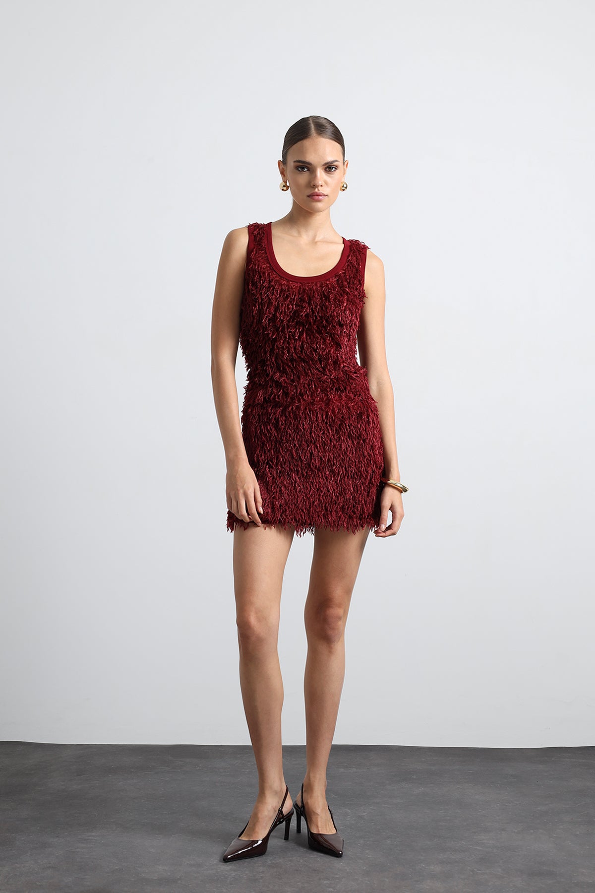 Furelle Feathered Burgundy Mini Skirt