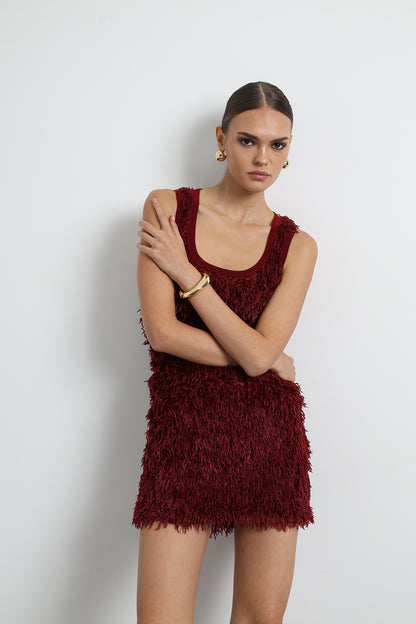 Furelle Feathered Burgundy Mini Skirt