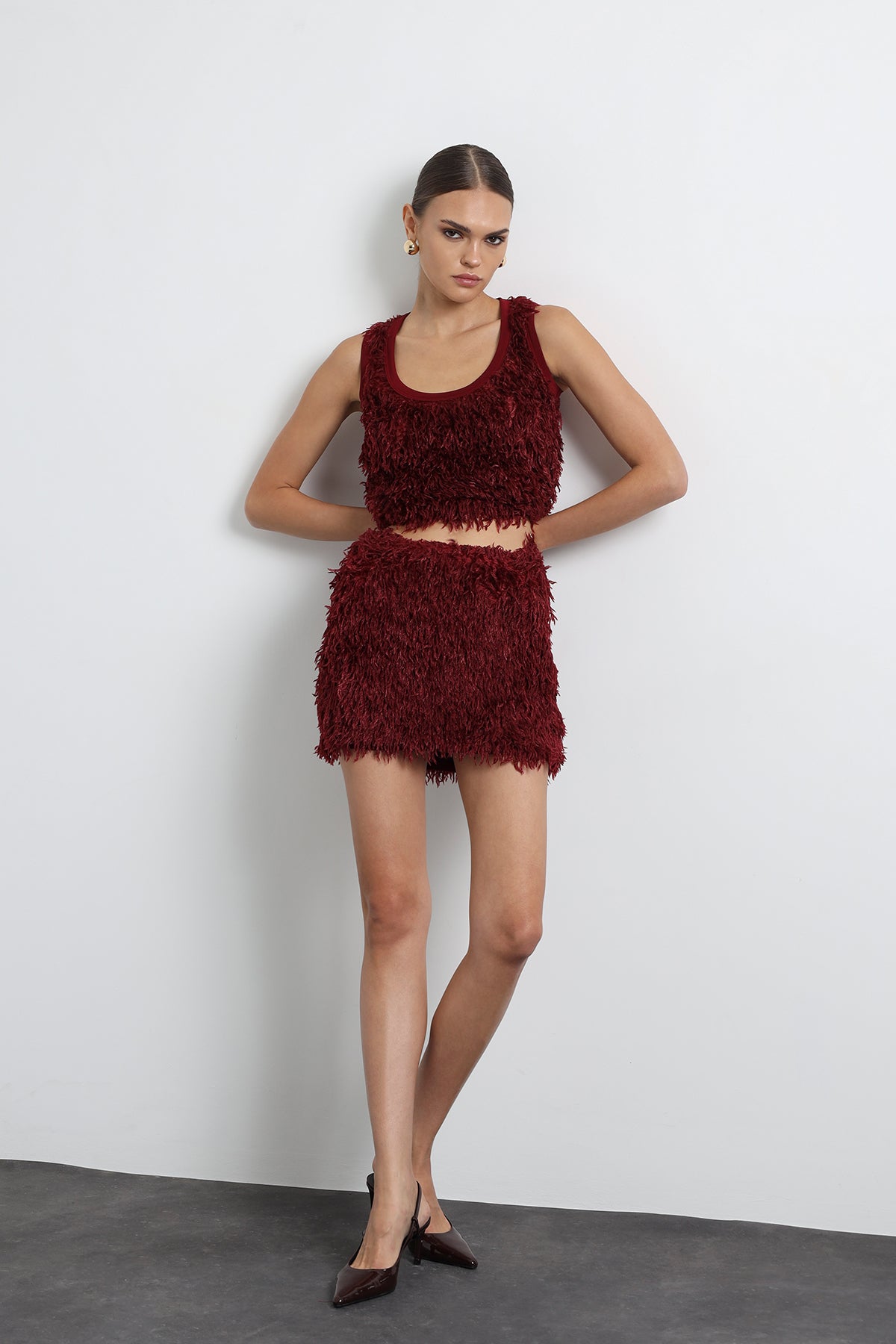 Furelle Feathered Burgundy Mini Skirt