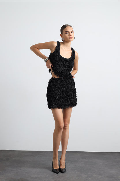 Furelle Feathered Black Mini Skirt