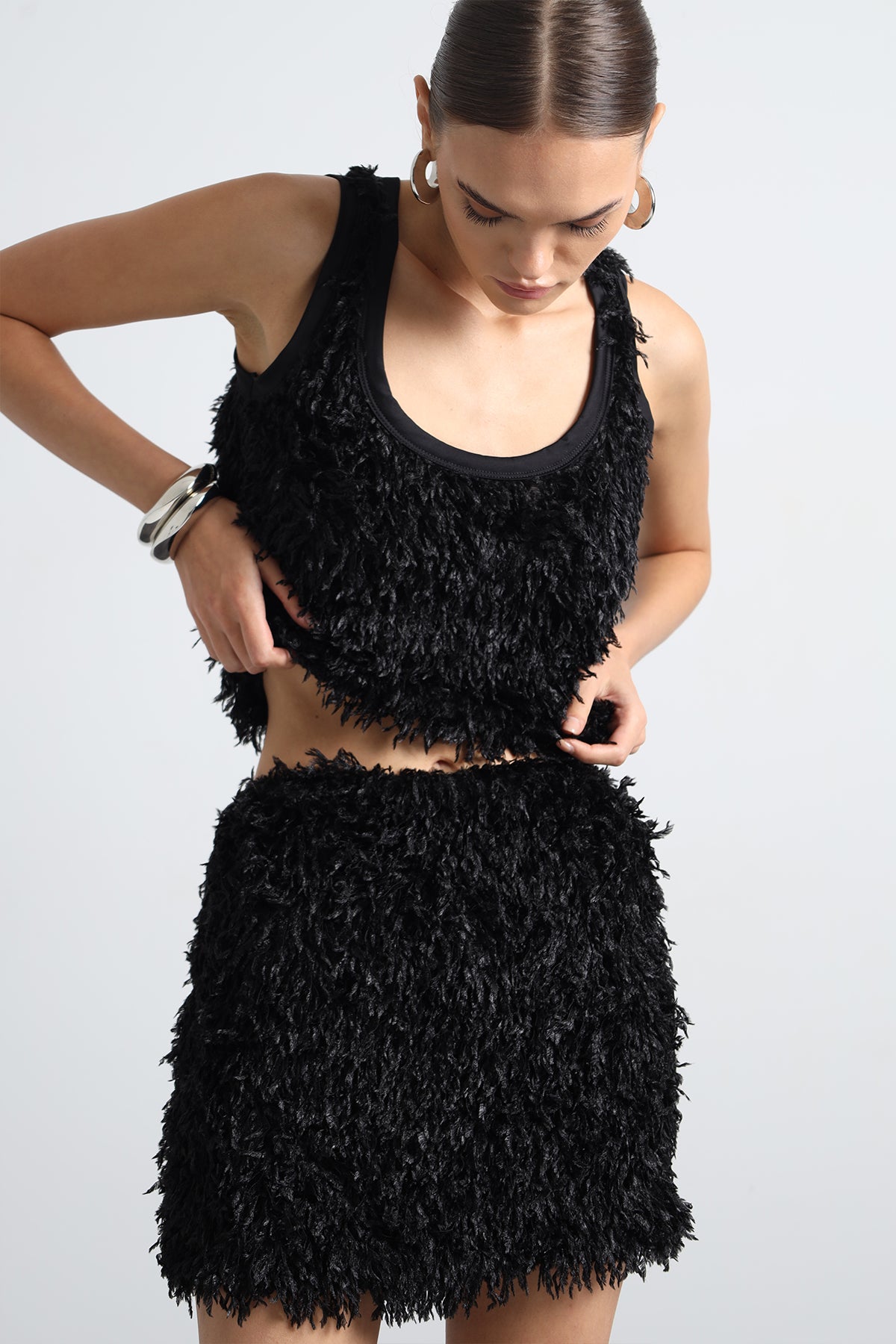 Furelle Feathered Black Mini Skirt