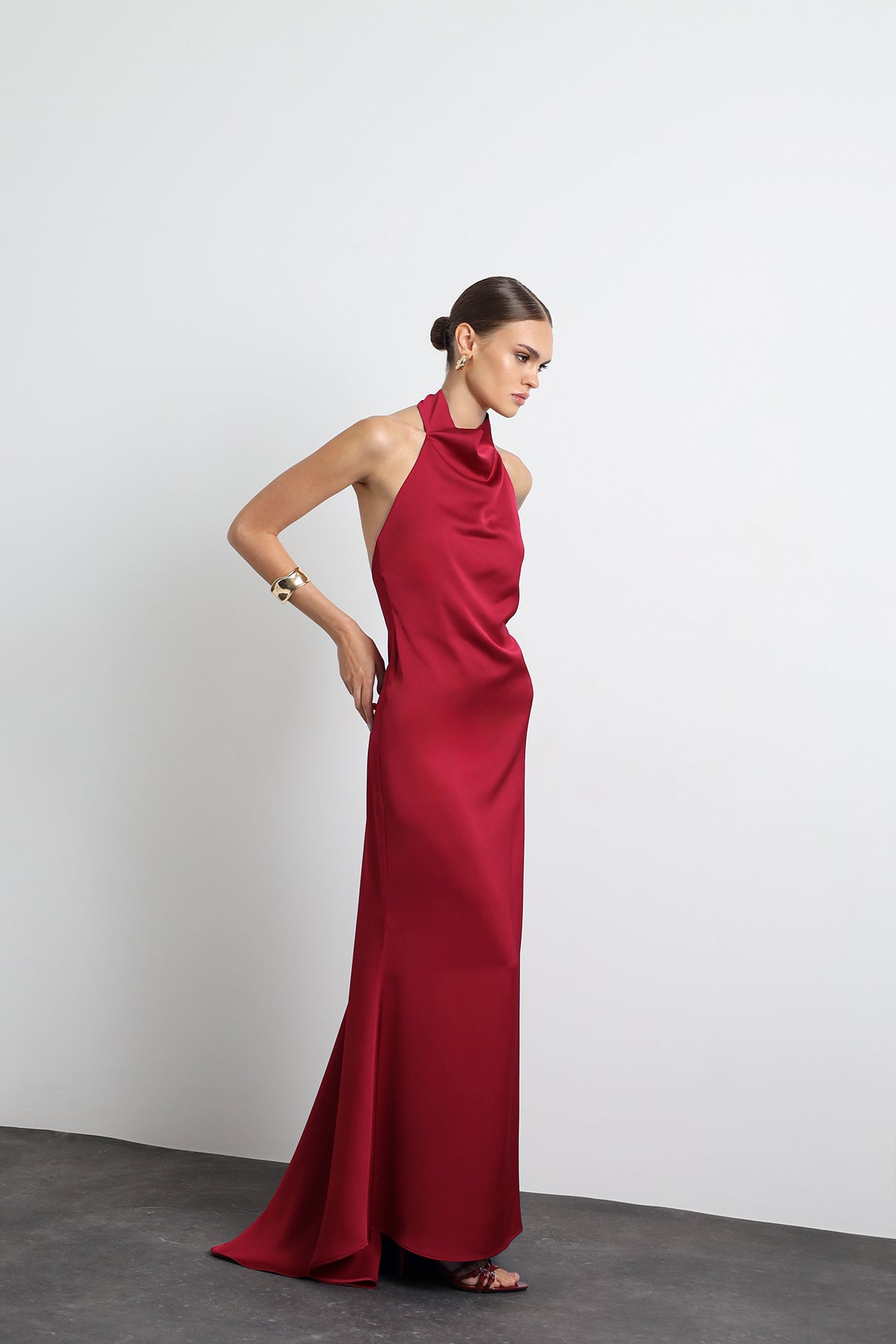 Halley Halter Neck Burgundy Maxi Satin Dress