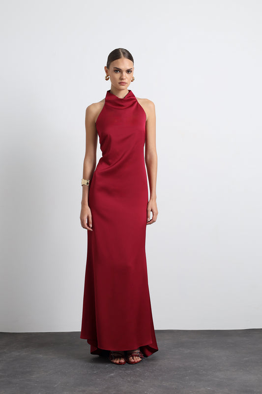 Halley Halter Neck Burgundy Maxi Satin Dress