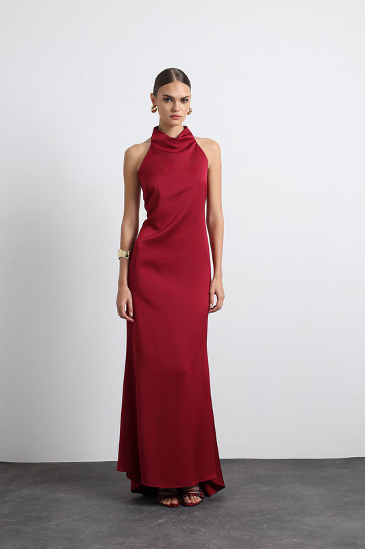 Halley Halter Neck Burgundy Maxi Satin Dress