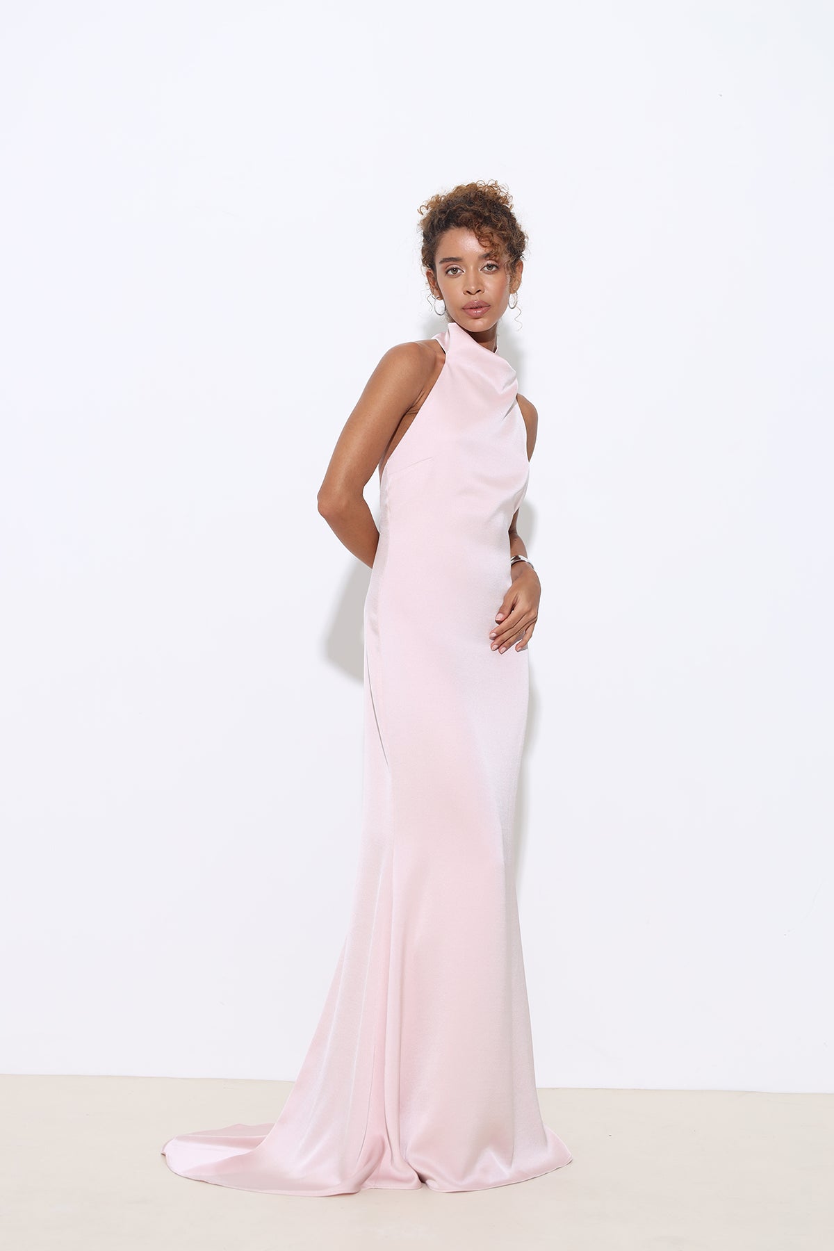 Halley Halter Neck Powder Pink Maxi Satin Dress