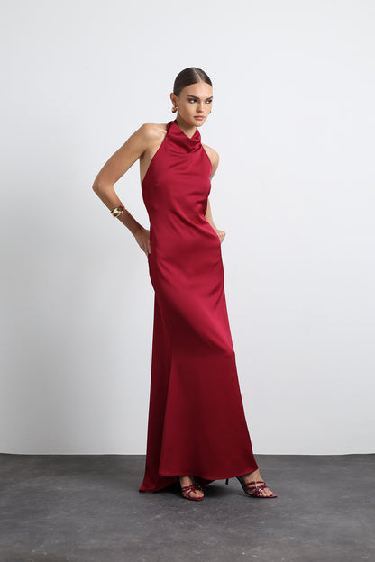 Halley Halter Neck Burgundy Maxi Satin Dress