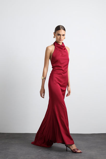 Halley Halter Neck Burgundy Maxi Satin Dress