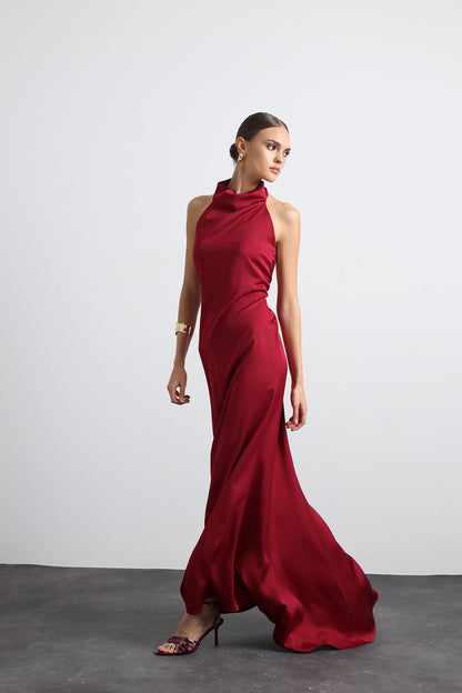 Halley Halter Neck Burgundy Maxi Satin Dress