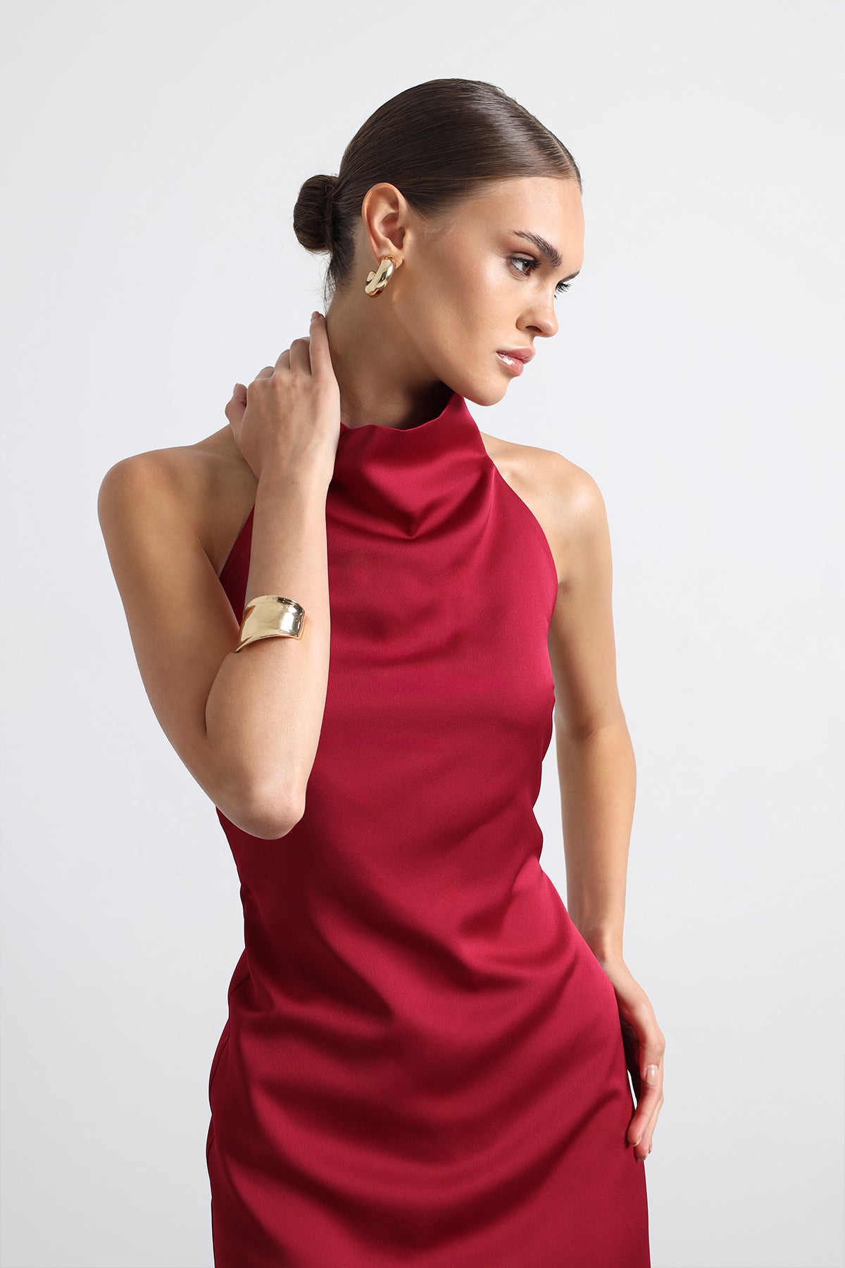 Halley Halter Neck Burgundy Maxi Satin Dress