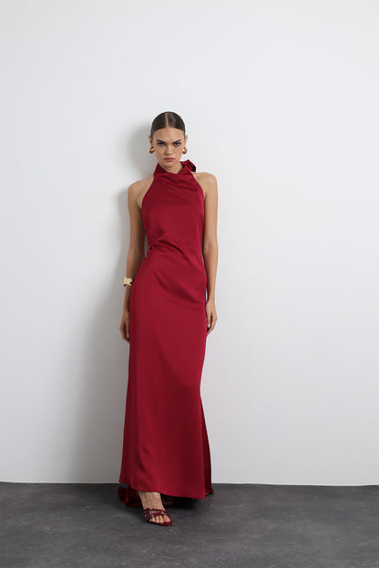 Halley Halter Neck Burgundy Maxi Satin Dress