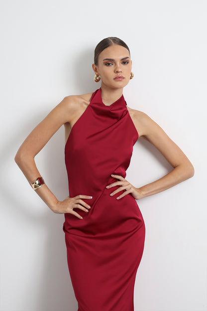 Halley Halter Neck Burgundy Maxi Satin Dress