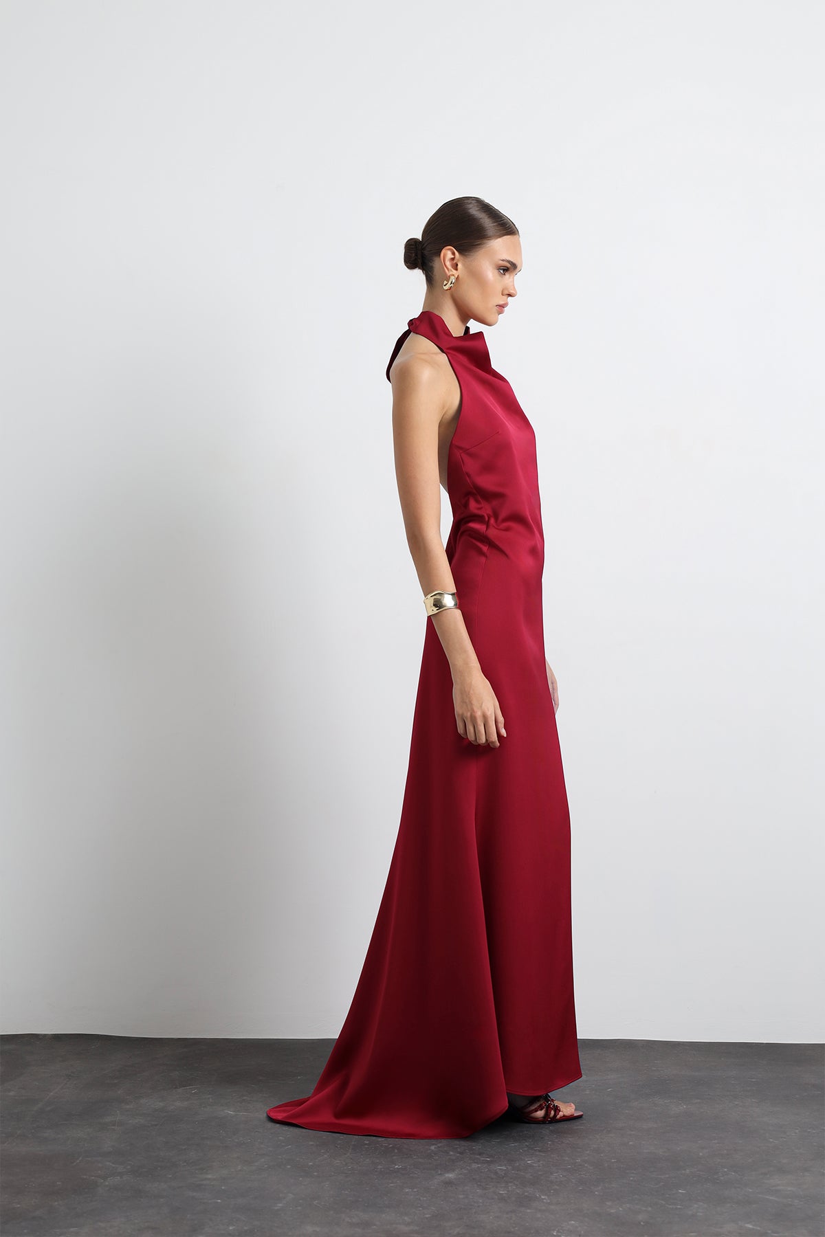 Halley Halter Neck Burgundy Maxi Satin Dress