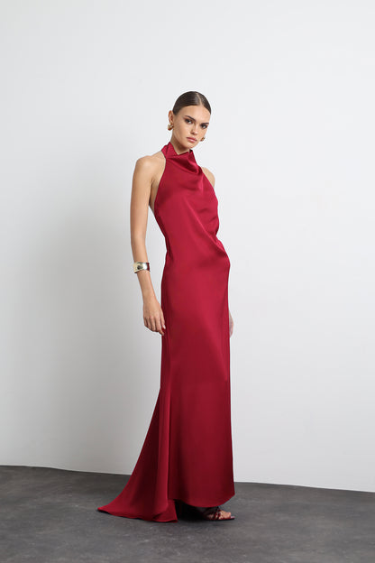 Halley Halter Neck Burgundy Maxi Satin Dress