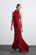 Halley Halter Neck Burgundy Maxi Satin Dress