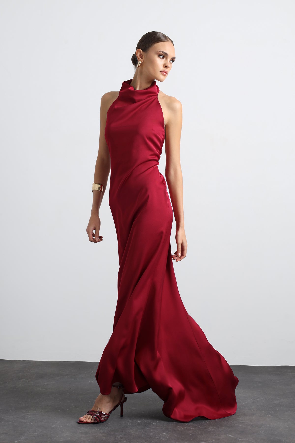 Halley Halter Neck Burgundy Maxi Satin Dress