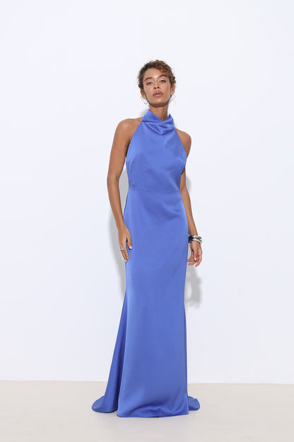 Halley Halter Yaka Uzun Saten Elbise